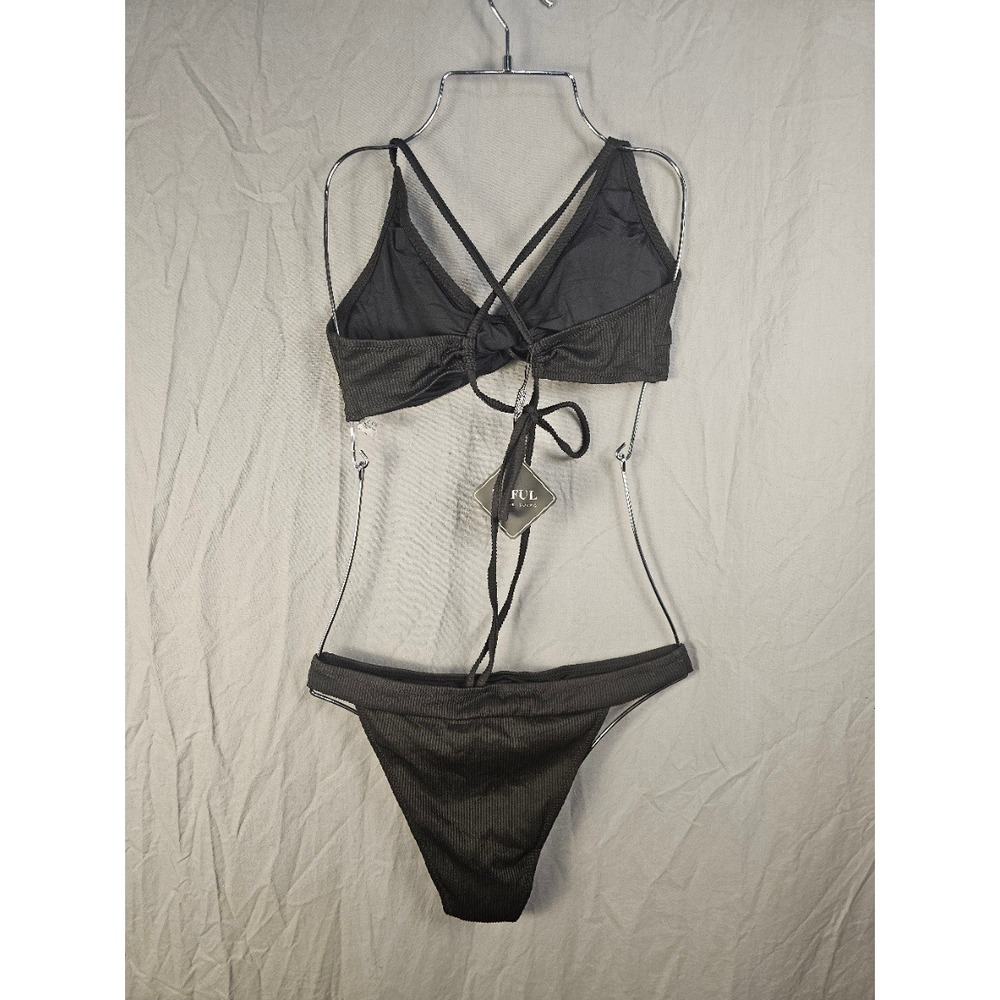 Zaful Womens Ribbed Wrap Triangle Bikini Set Black High Leg Thong Size 6 NEW - Picture 4 of 7